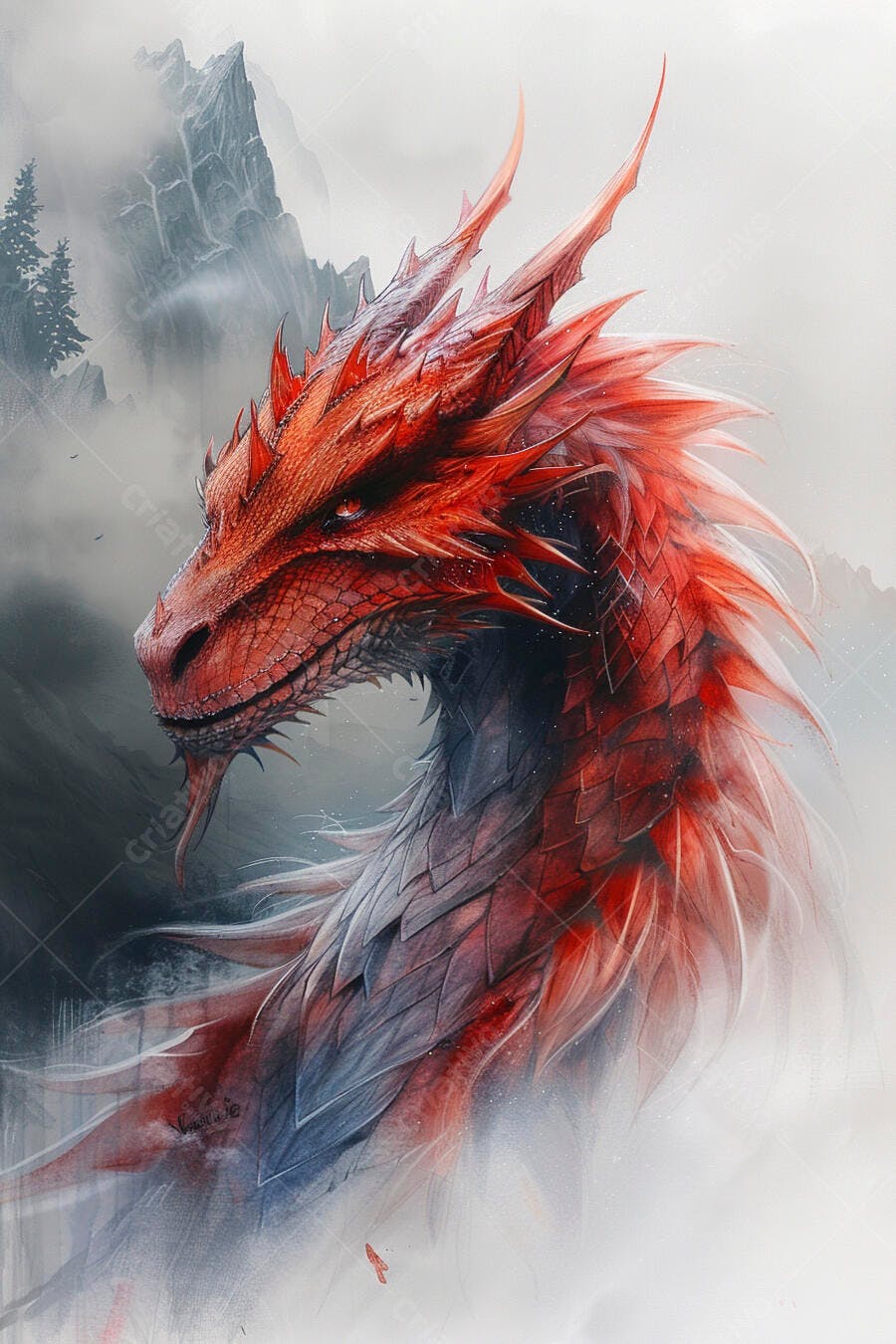 Dragão vermelho imponente com escamas cinzas e olhos brilhantes em montanhas