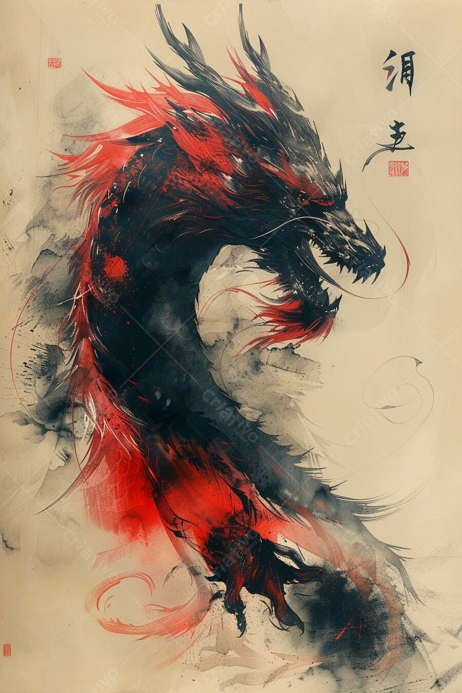 Dragão oriental feroz em estilo aquarela vermelho e preto
