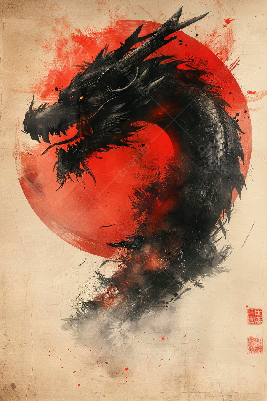 Dragão preto feroz em arte sumi-e com olhos laranja e sol vermelho japonês
