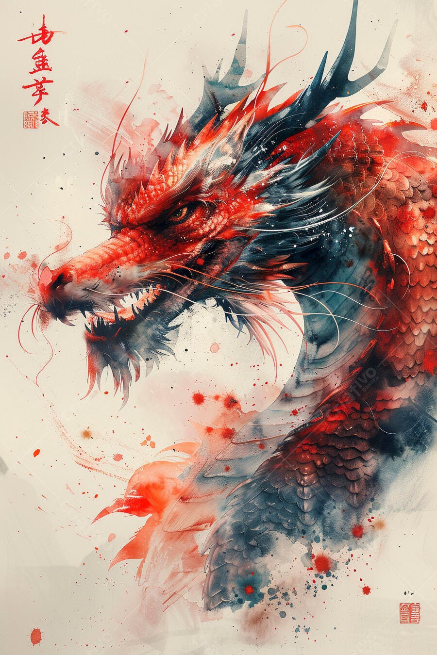 Dragão oriental vermelho e azul em aquarela vibrante arte asiática
