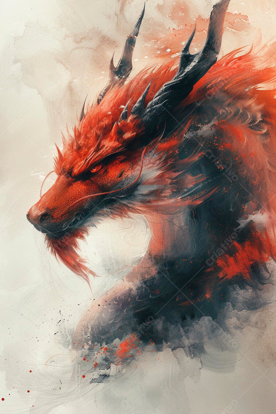 Dragão vermelho feroz com chifres em estilo aquarela sobre fundo claro