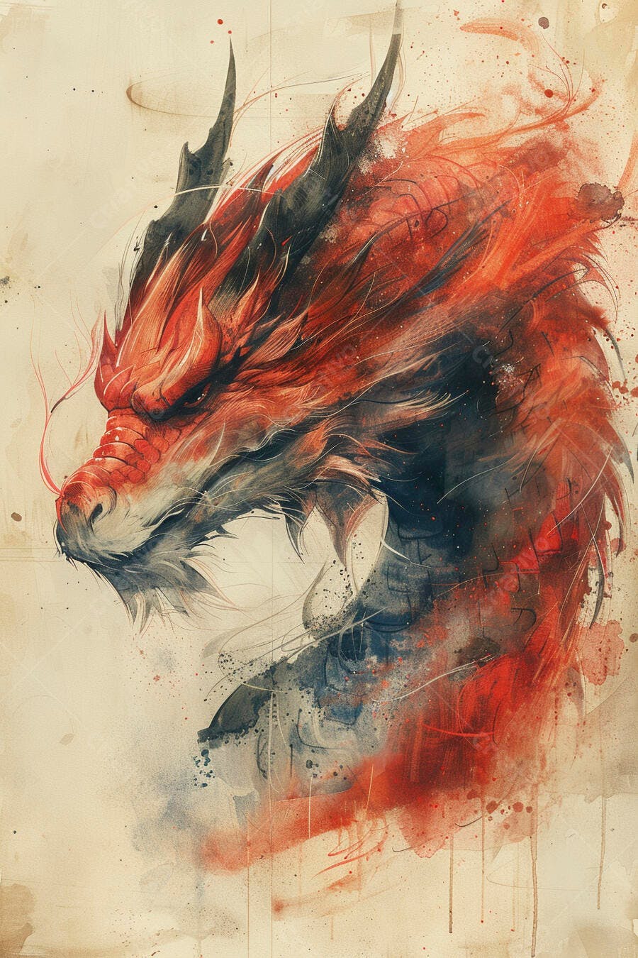 Dragão vermelho e preto em aquarela estilo arte mítica asiática