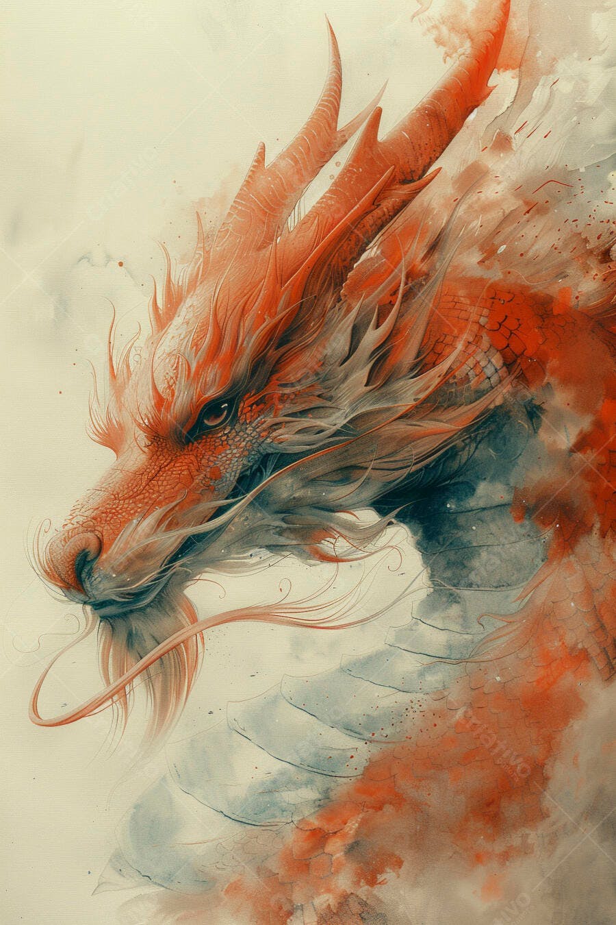 Dragão oriental em aquarela tons de vermelho e azul criatura mítica poderosa