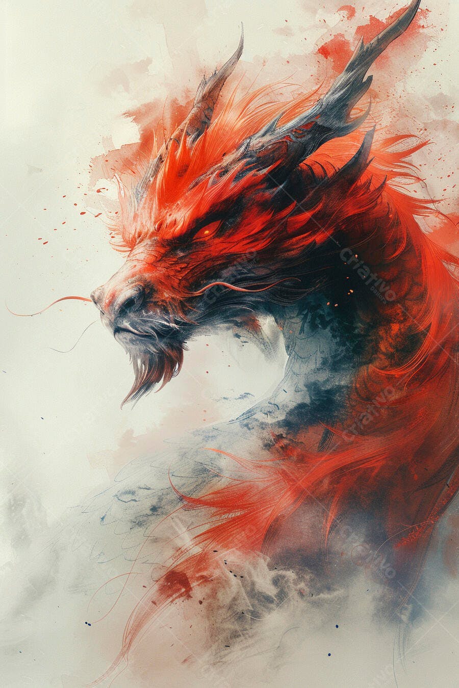 Dragão vermelho majestoso com olhos brilhantes estilo aquarela e chifres escuros