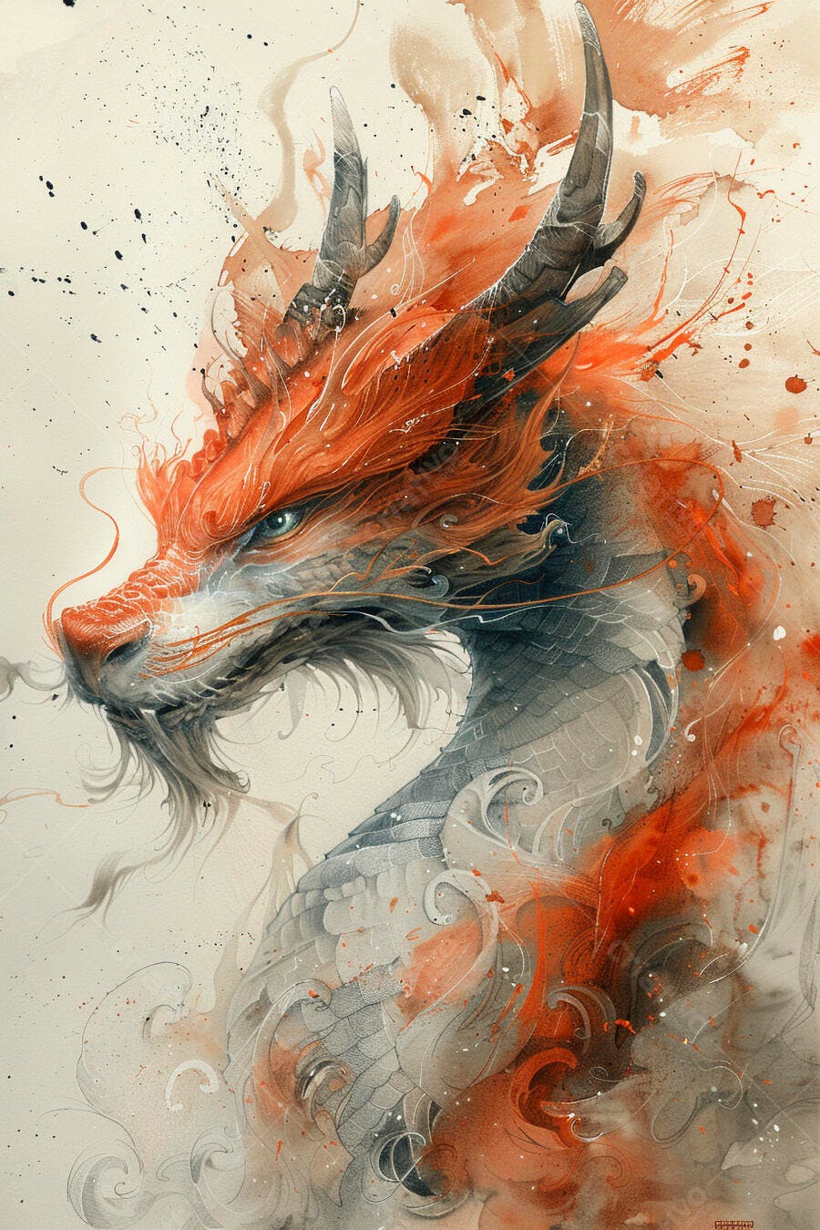Dragão oriental vermelho e cinza em aquarela vibrante arte fantasia
