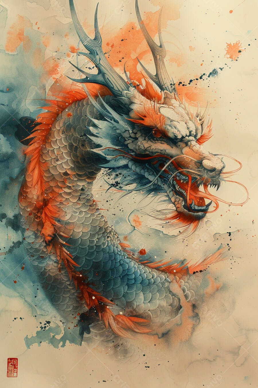 Dragão majestoso em aquarela azul e laranja arte asiática mística