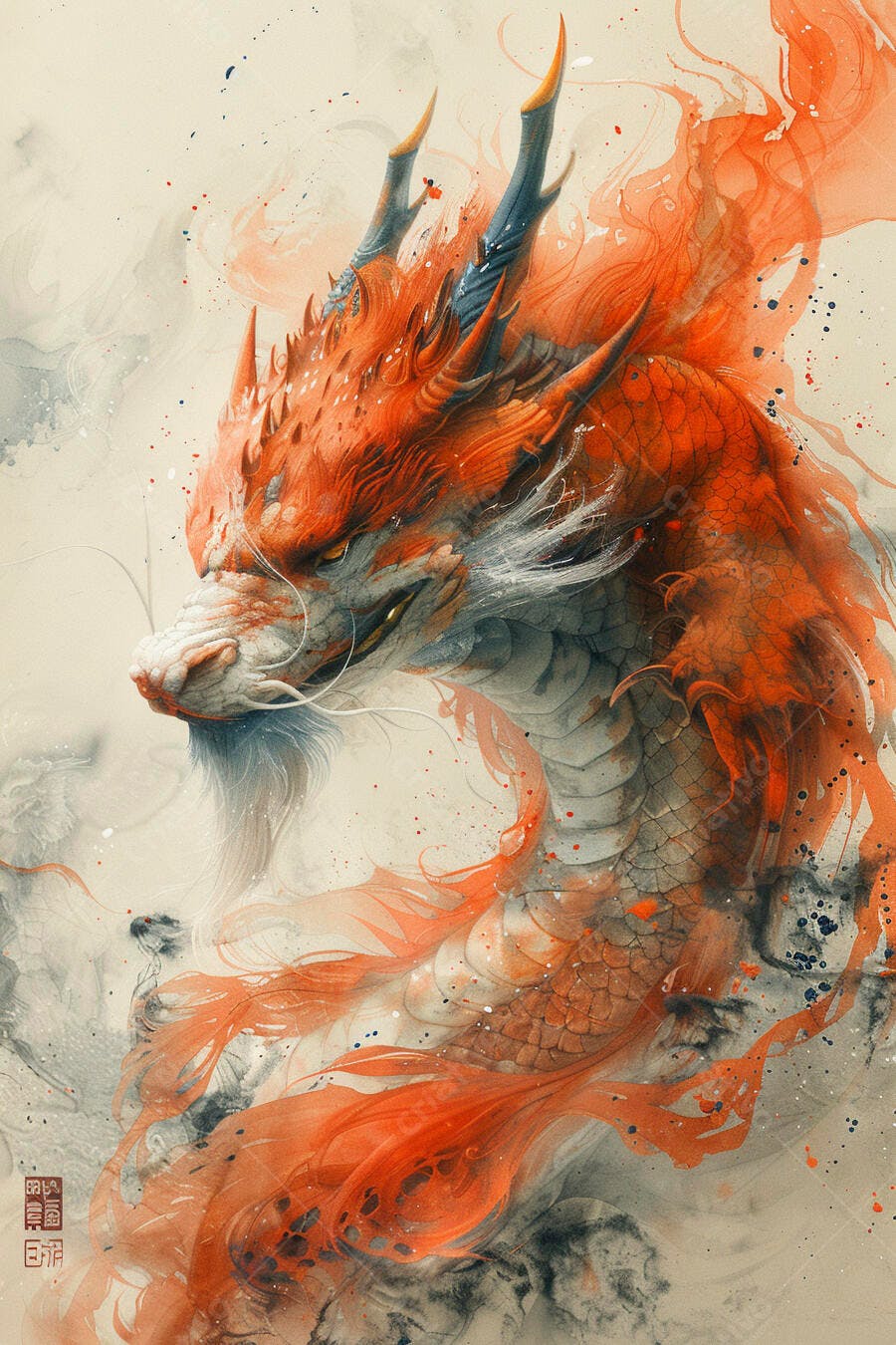 Dragão oriental majestoso em cores vibrantes estilo aquarela