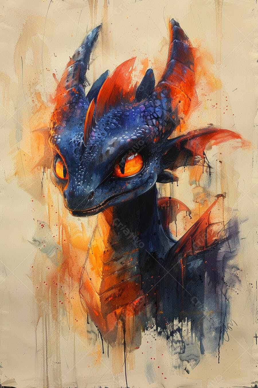 Dragão azul e laranja com olhos brilhantes ilustração estilo aquarela