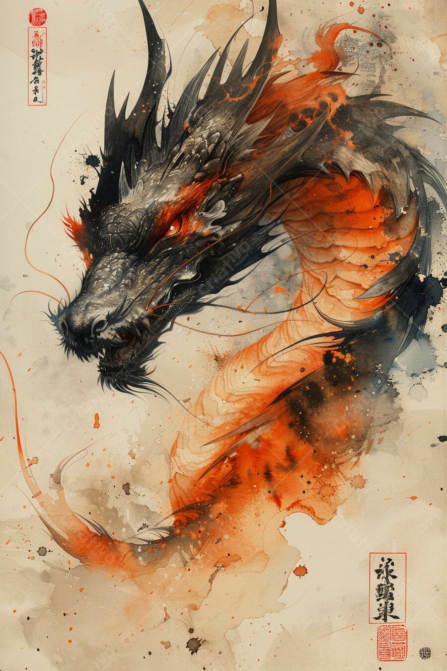 Dragão oriental com olhos vermelhos e chifres em aquarela vibrante
