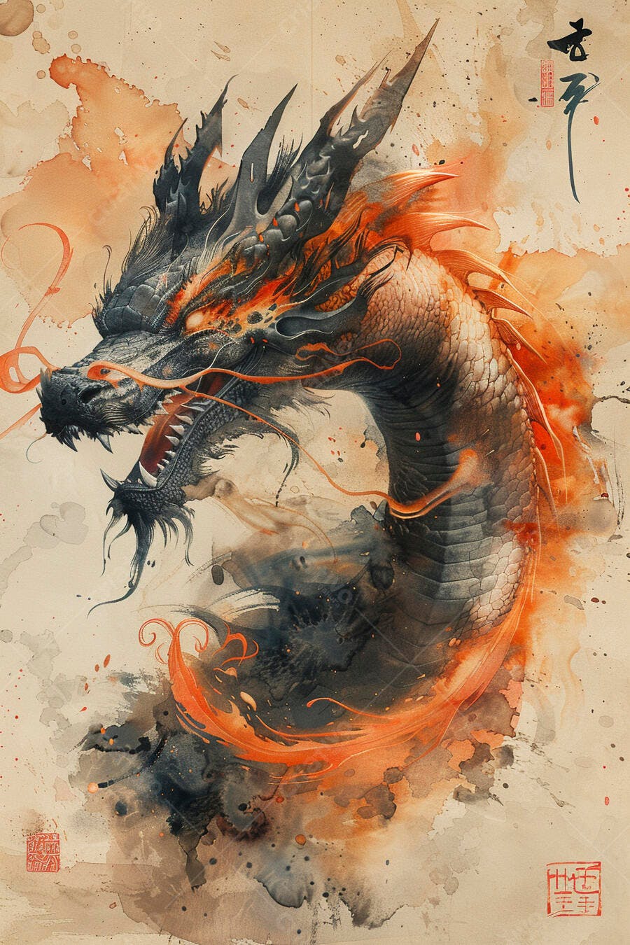 Dragão asiático cinza e laranja em aquarela com olhos flamejantes