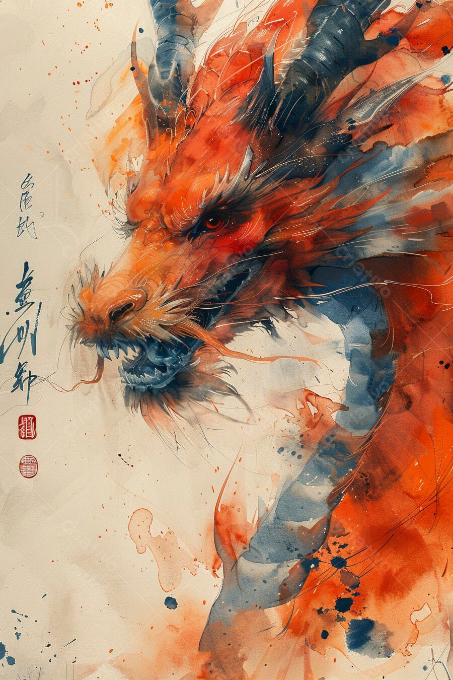 Dragão oriental em aquarela azul e laranja arte tradicional chinesa