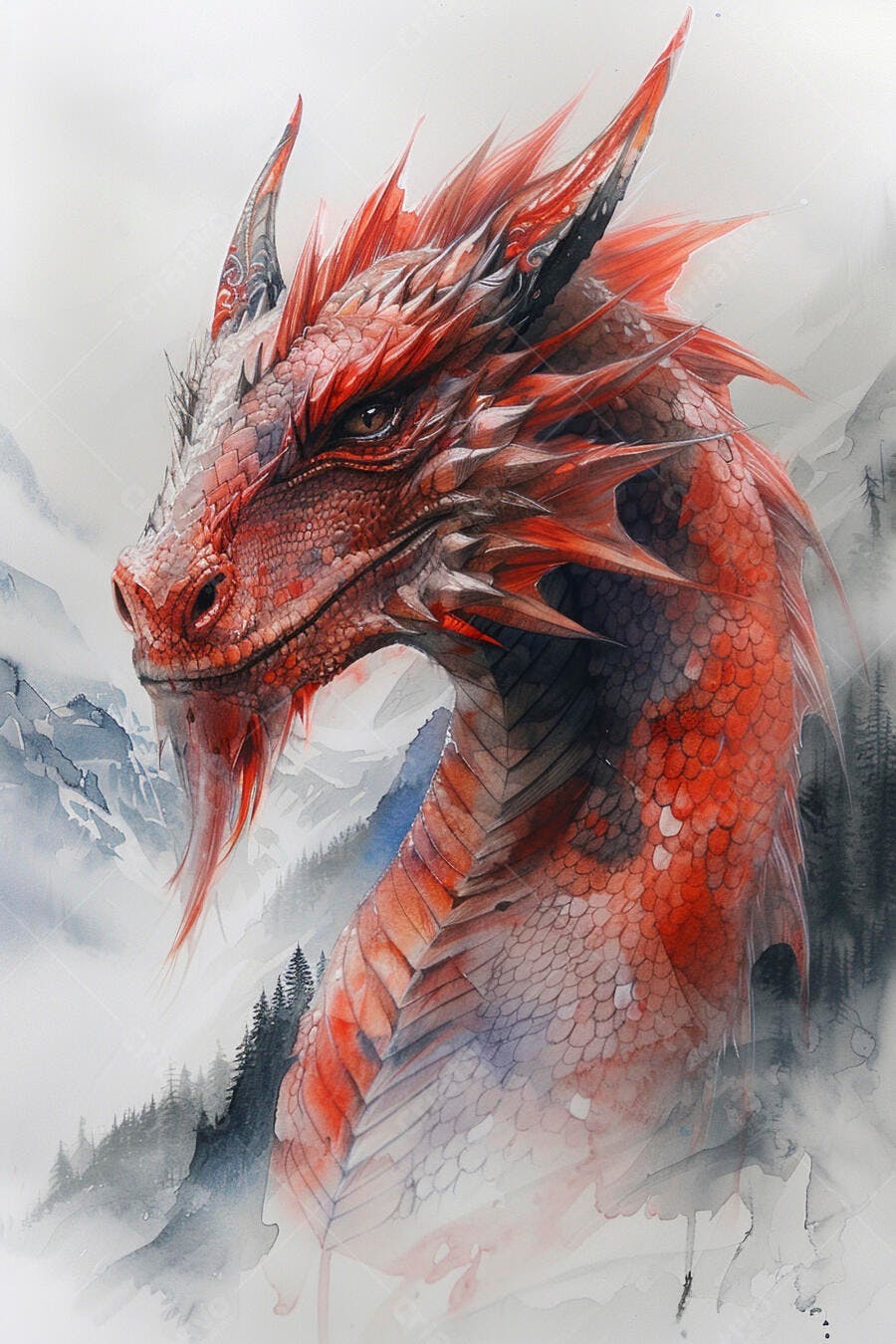 Dragão vermelho místico em montanhas nevadas estilo aquarela