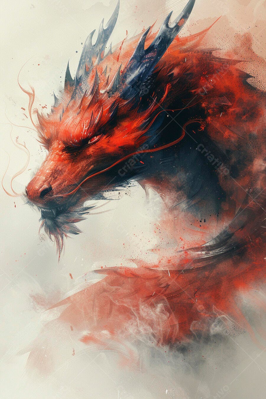 Dragão oriental vermelho e azul com chifres afiados arte digital