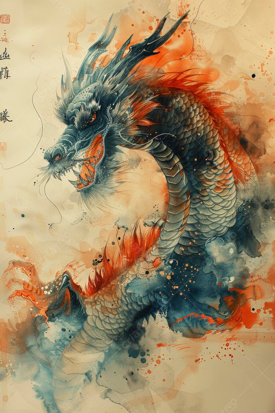 Dragão asiático azul e laranja em aquarela vibrante com caligrafia