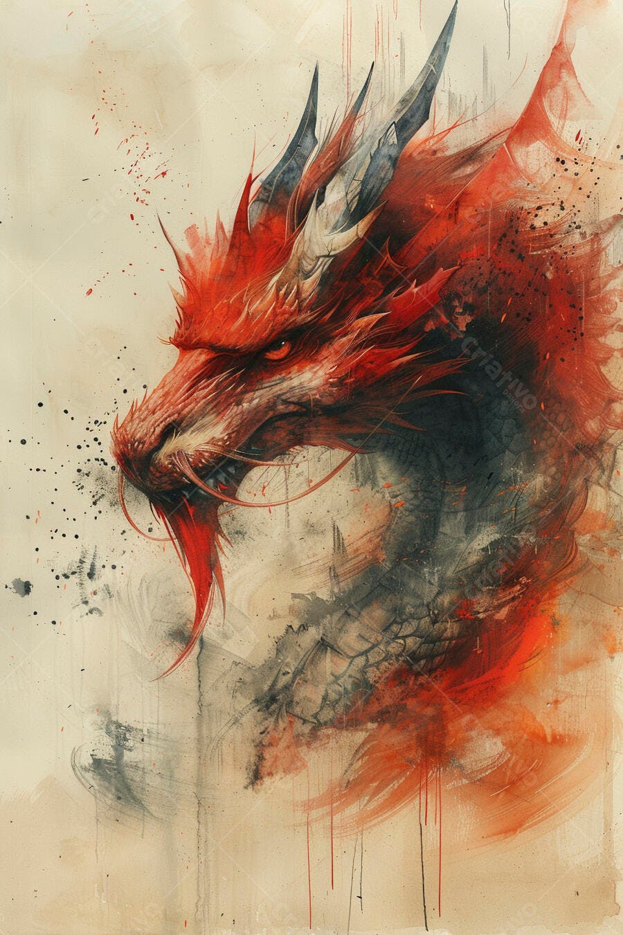 Dragão vermelho furioso em aquarela traços pretos e olhos intensos