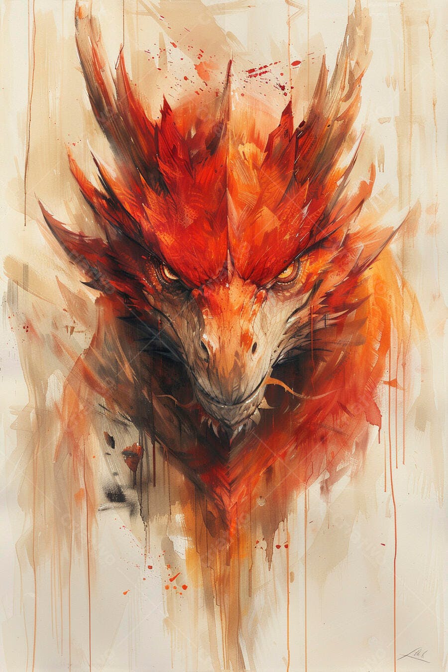 Dragão vermelho feroz em estilo aquarela com olhos amarelos brilhantes