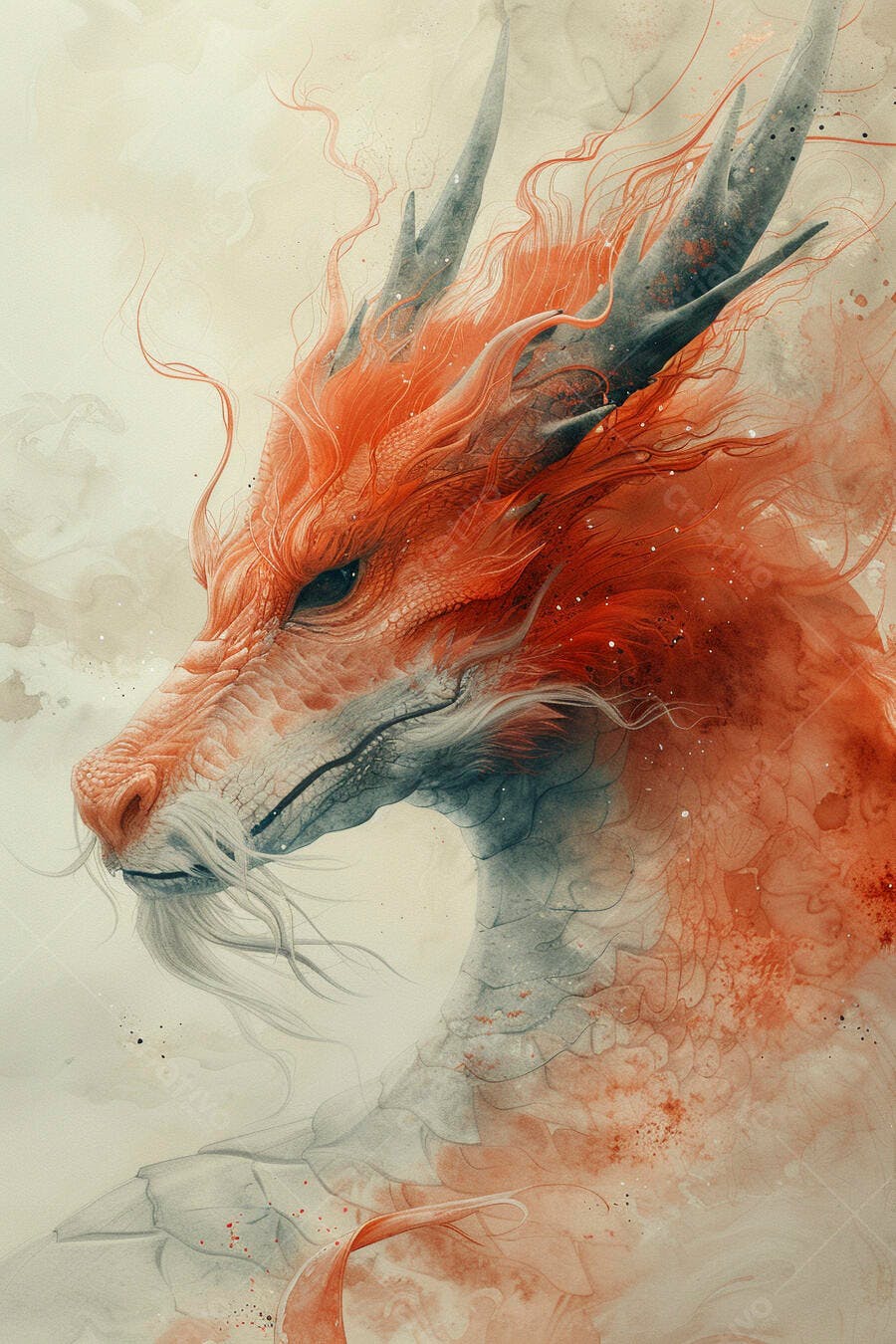 Dragão oriental místico laranja e cinza com barba em estilo aquarela