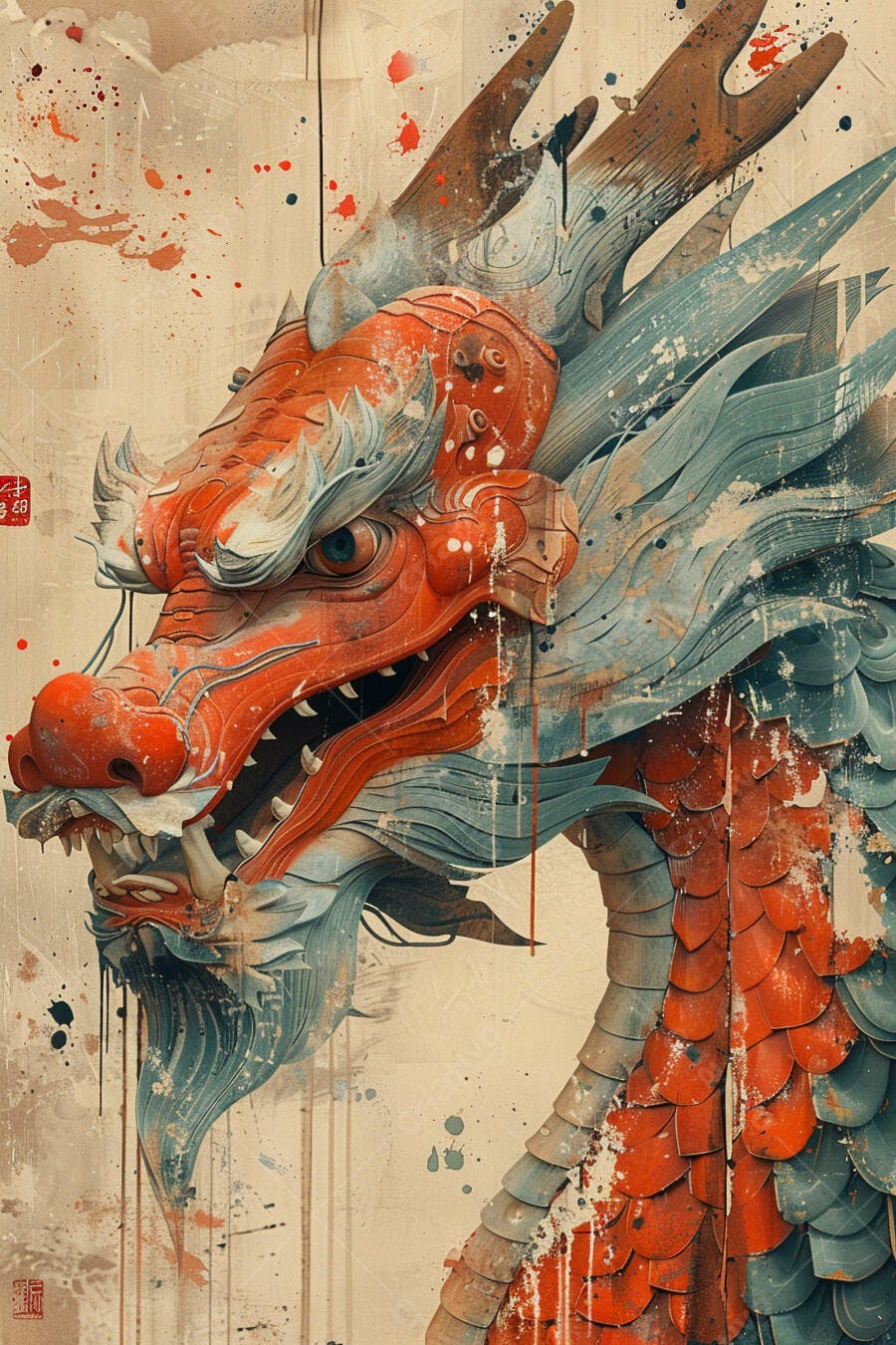 Dragão chinês vermelho e azul texturizado com fundo artístico
