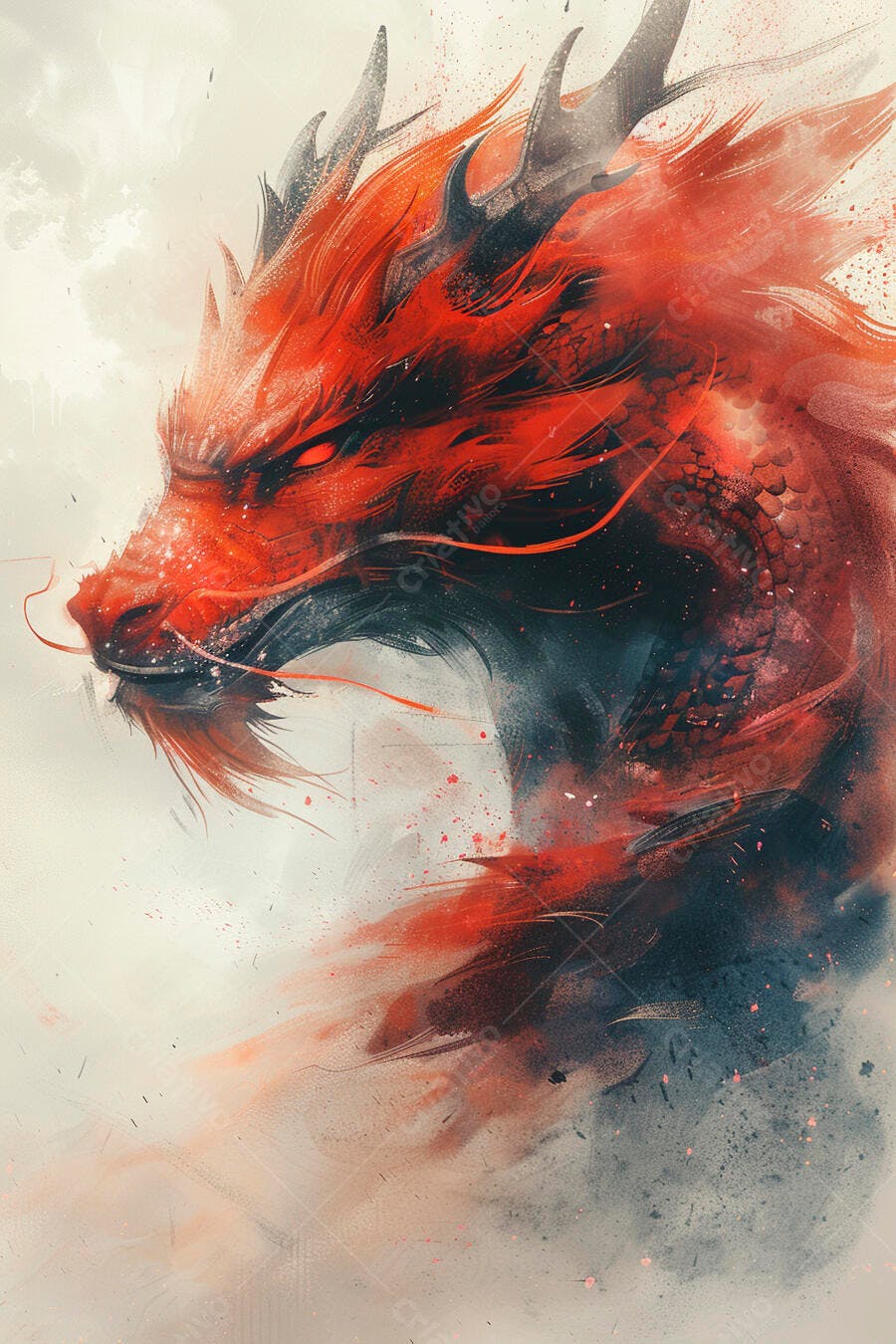 Dragão vermelho e preto oriental com olhos brilhantes arte digital