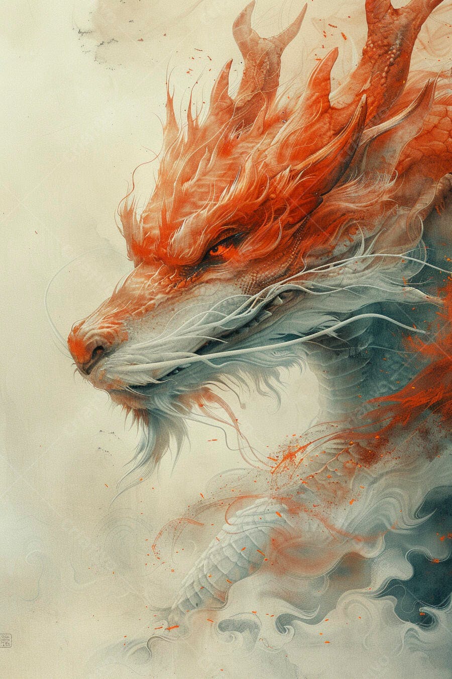 Dragão asiático vermelho e cinza com olhos flamejantes ilustração mística