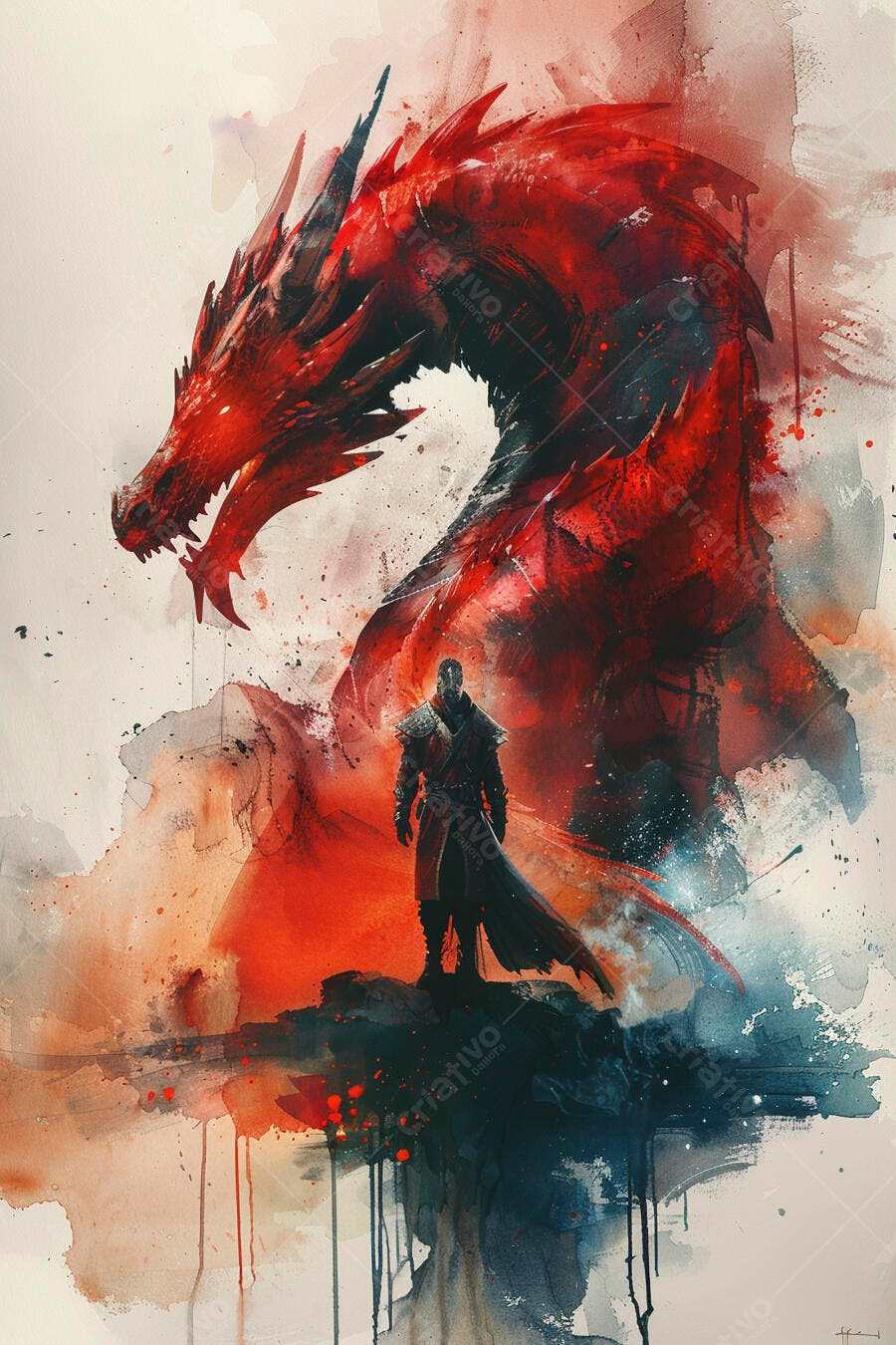 Guerreiro encapuzado e dragão vermelho furioso em ilustração aquarela de fantasia épica