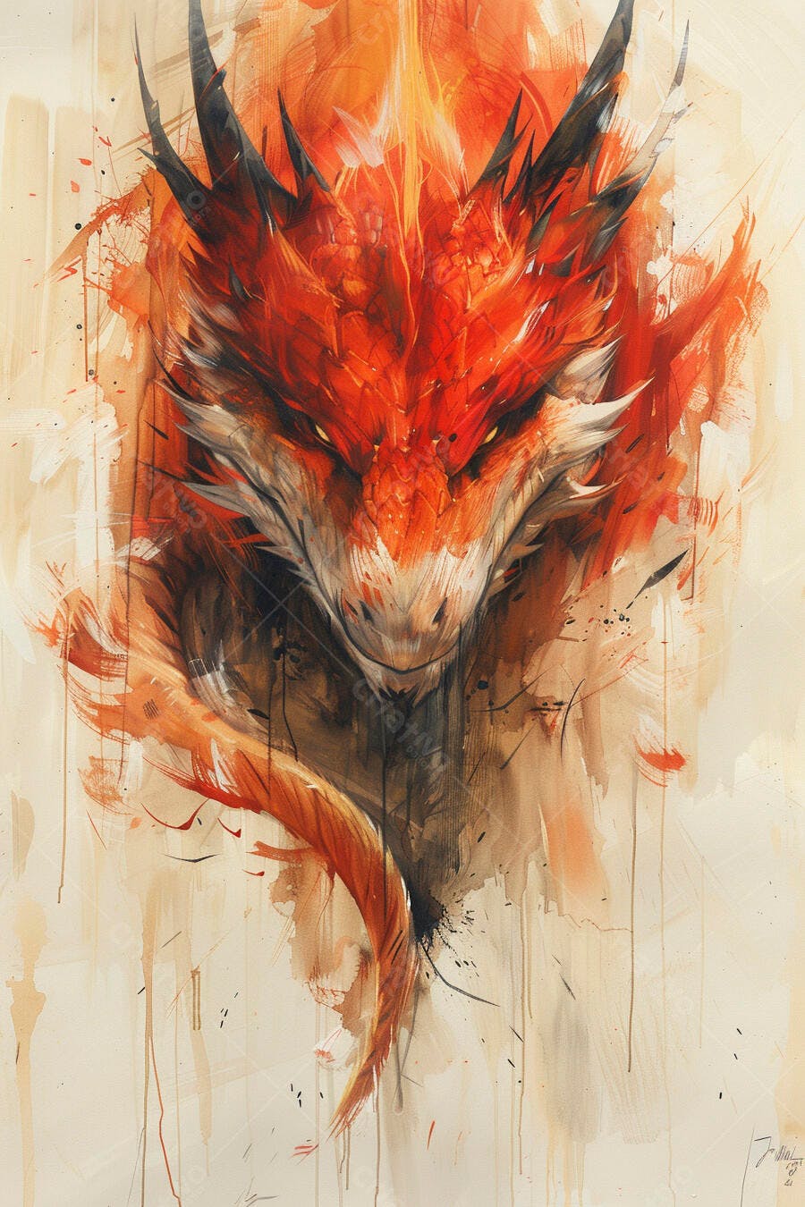 Dragão vermelho e laranja com olhos brilhantes em arte aquarela