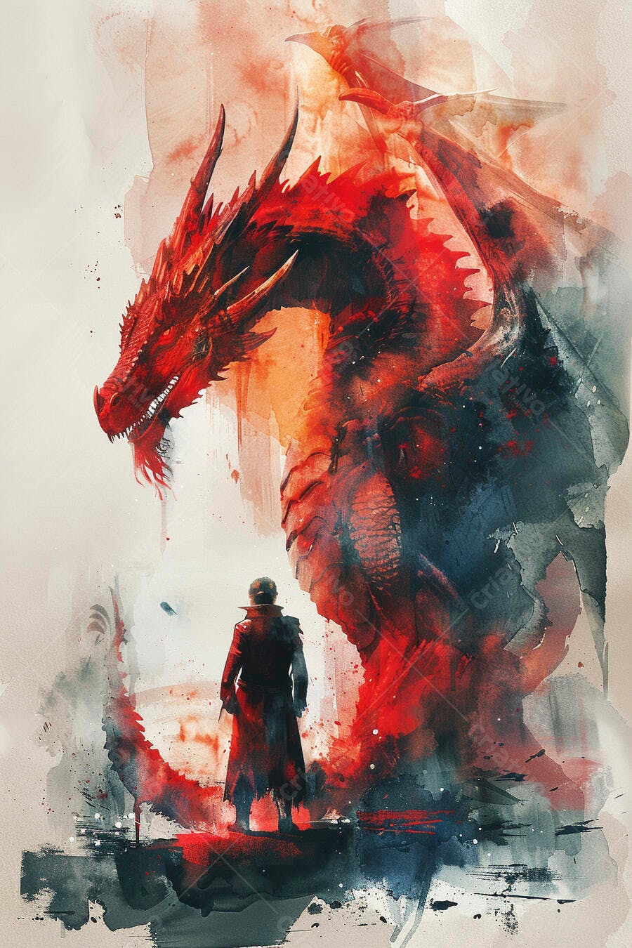 Dragão vermelho gigante e homem em casaco longo encarando criatura fantasia aquarela