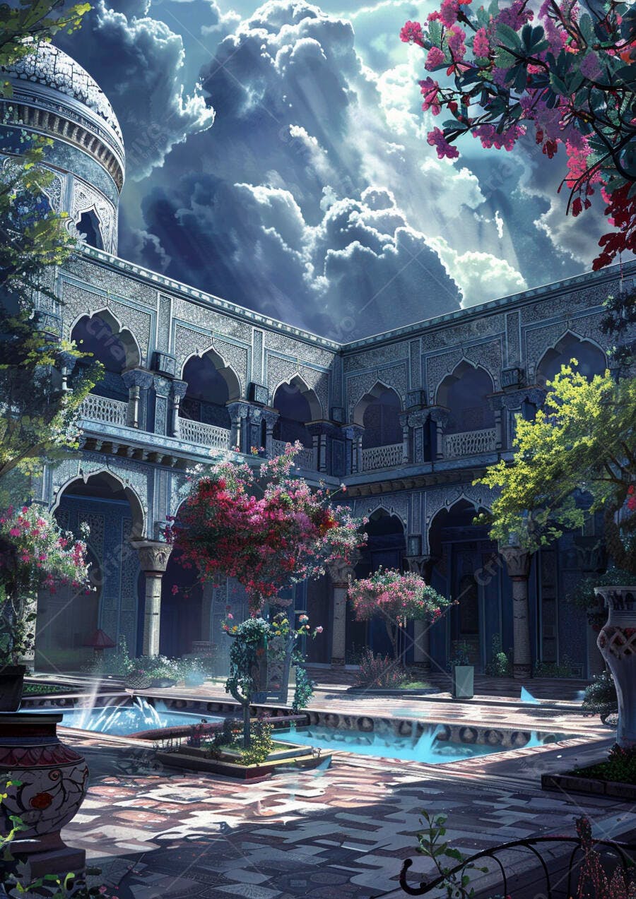 Pátio de palácio oriental com cúpula azul e flores rosas sob céu dramático