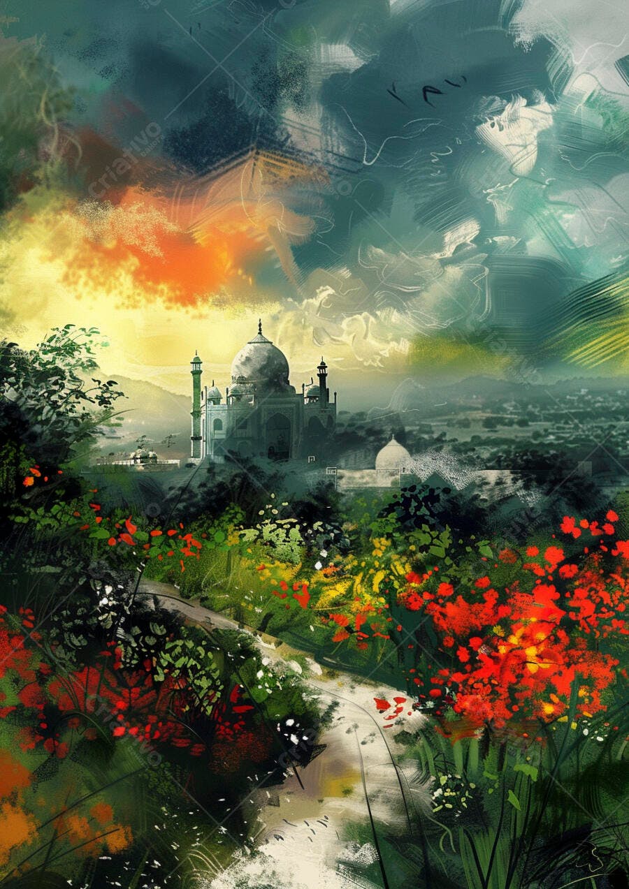 Taj Mahal em campo florido com caminho em dia dramático de cores fortes
