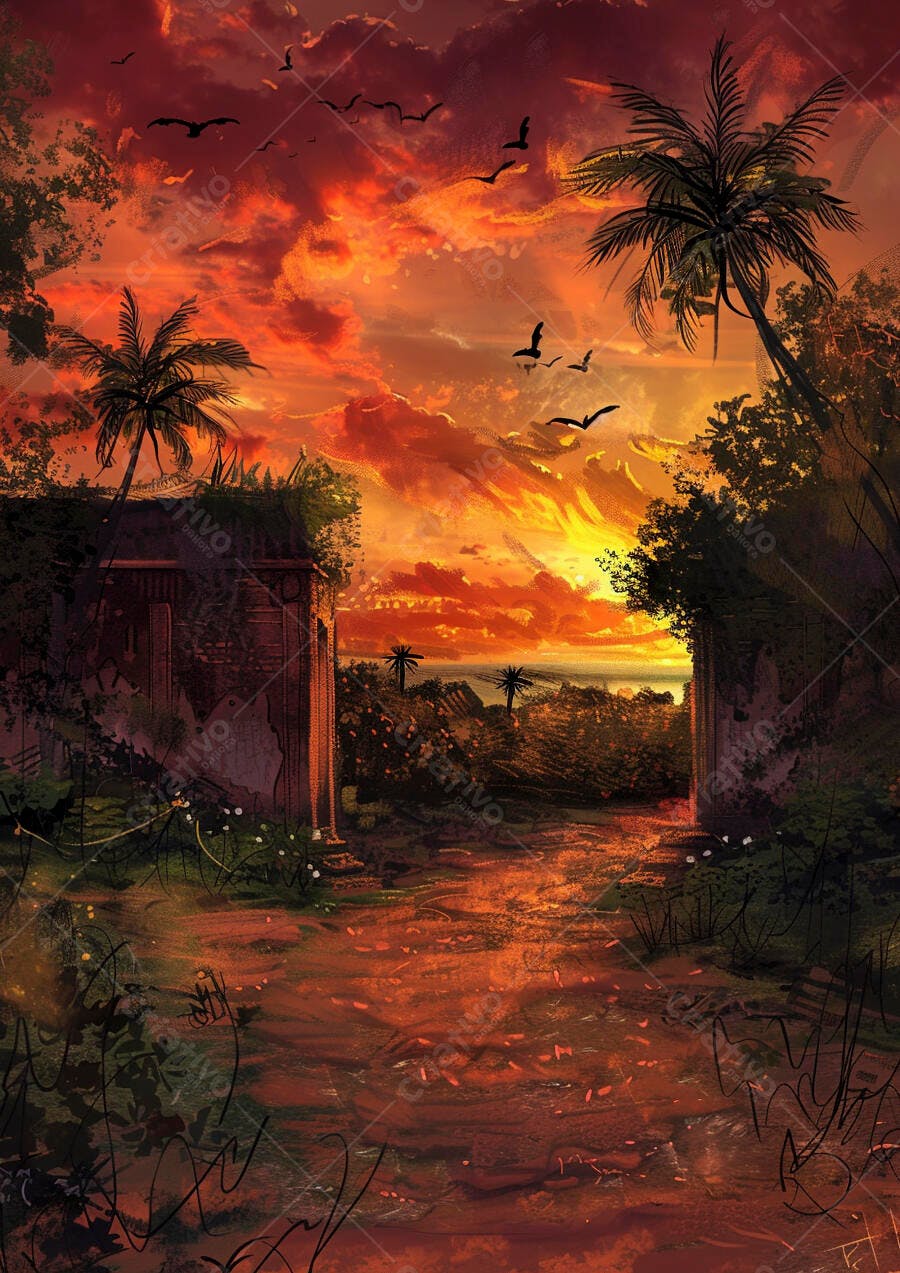 Pôr do sol tropical laranja e vermelho com palmeiras e ruínas antigas
