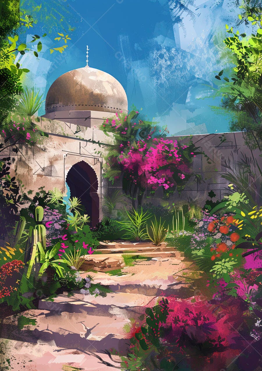 Jardim exótico com cúpula arquitetônica e flores vibrantes sob céu azul sereno