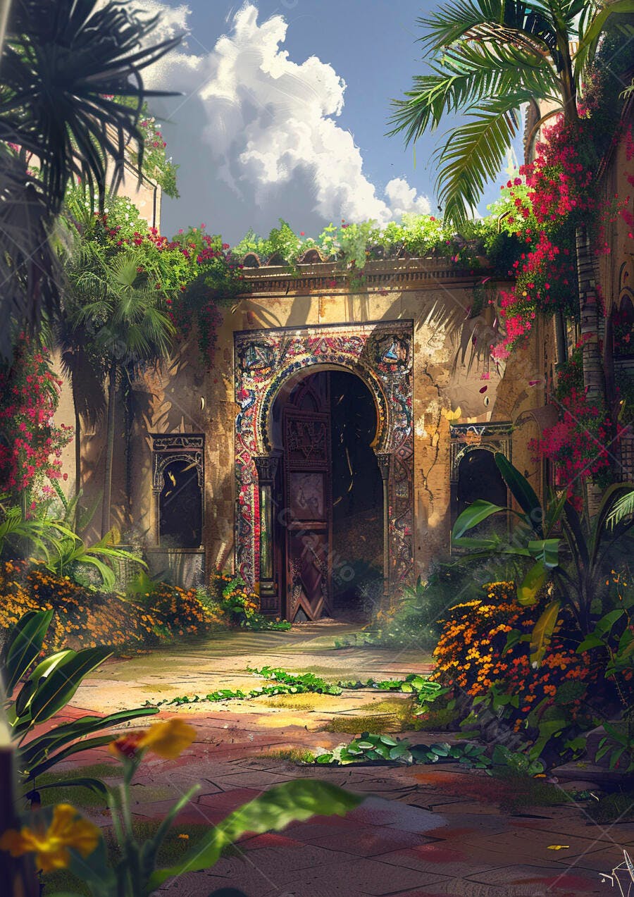 Porta árabe ornamentada em pátio tropical com palmeiras e flores coloridas