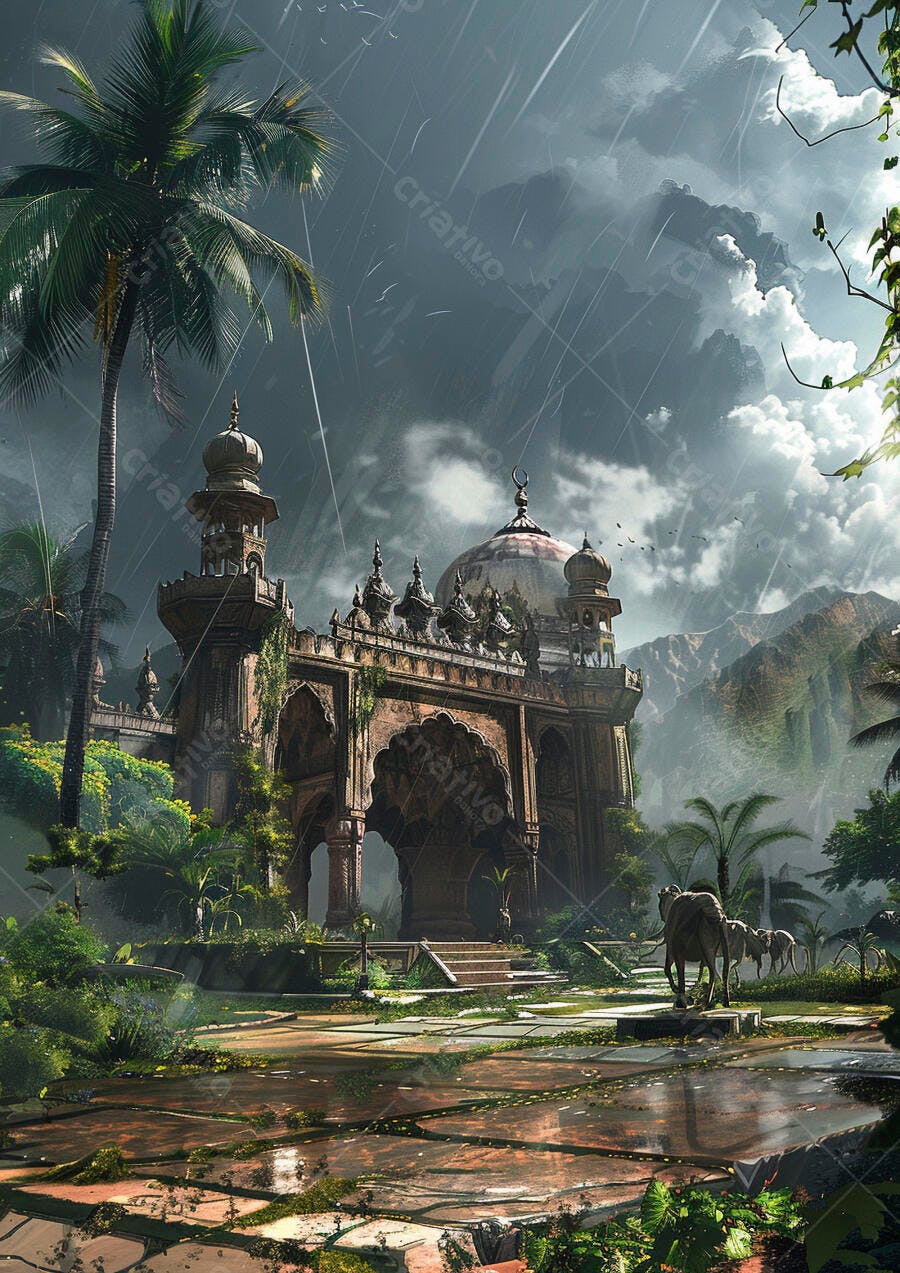 Ruínas de templo islâmico sob chuva torrencial em paisagem tropical com camelos