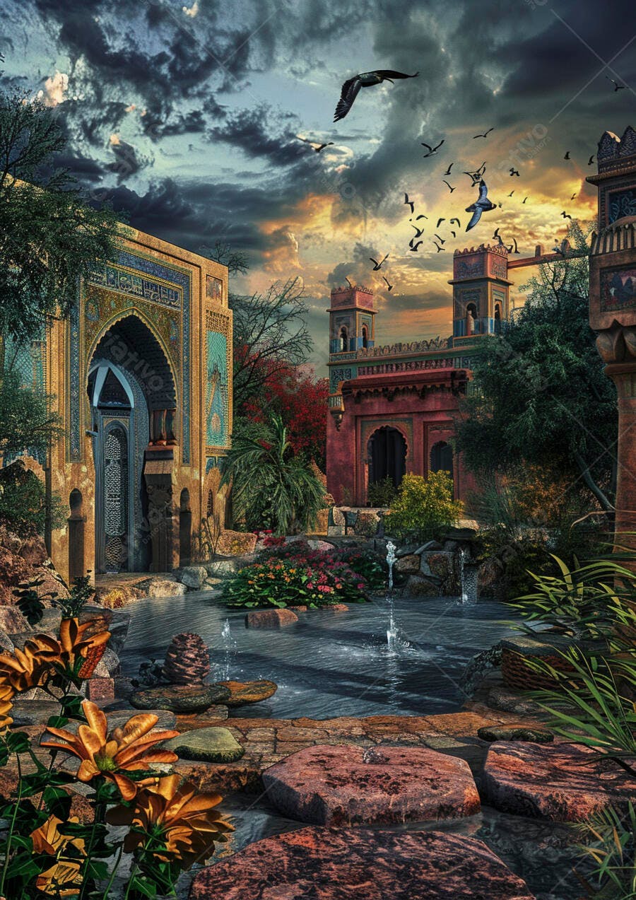 Arquitetura ornamental com jardim aquático e pássaros voando ao pôr do sol