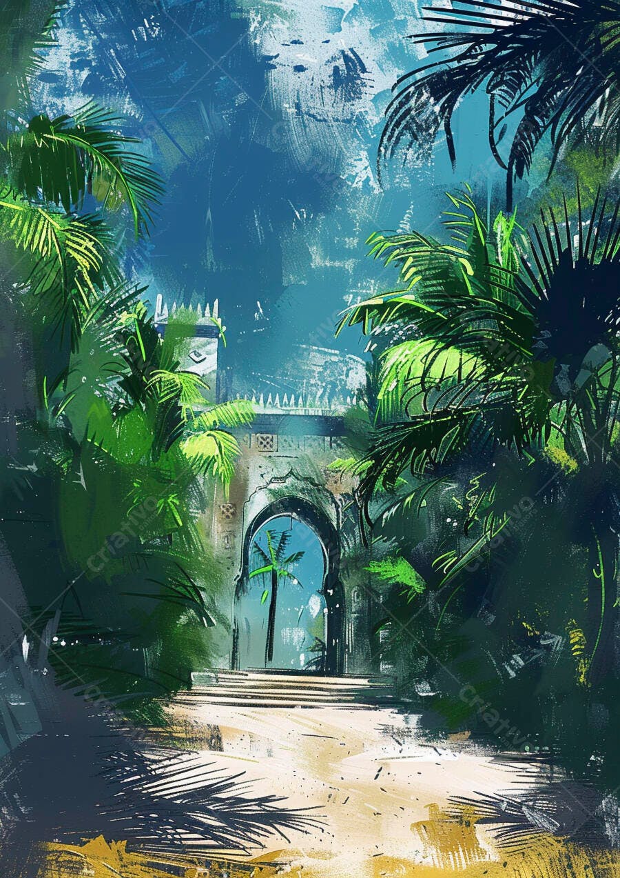 Portão de pedra antigo em selva tropical exuberante e misteriosa