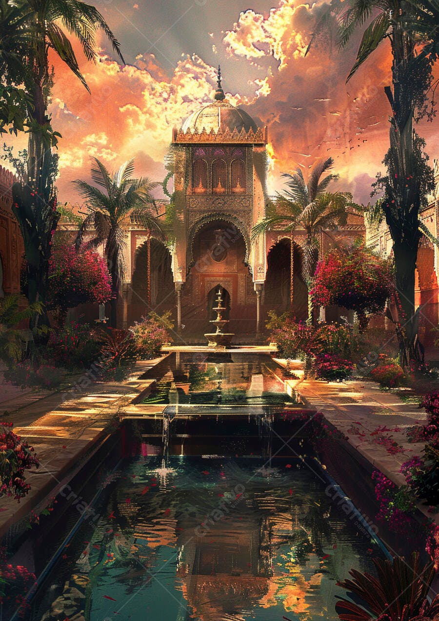 Jardim árabe palácio ornamentado com palmeiras e fonte ao pôr do sol dourado
