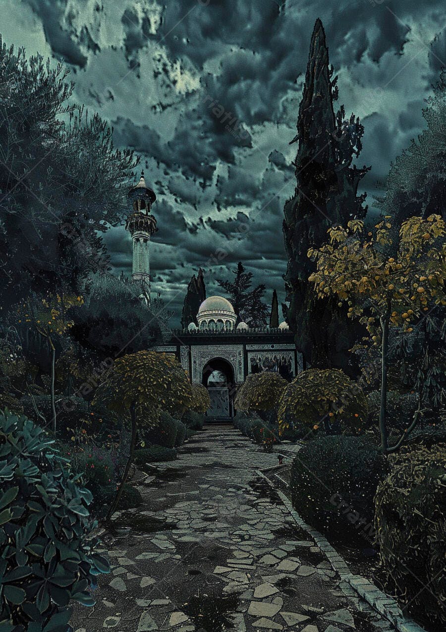 Minarete e entrada de mesquita em jardim murisco sob céu escuro dramático