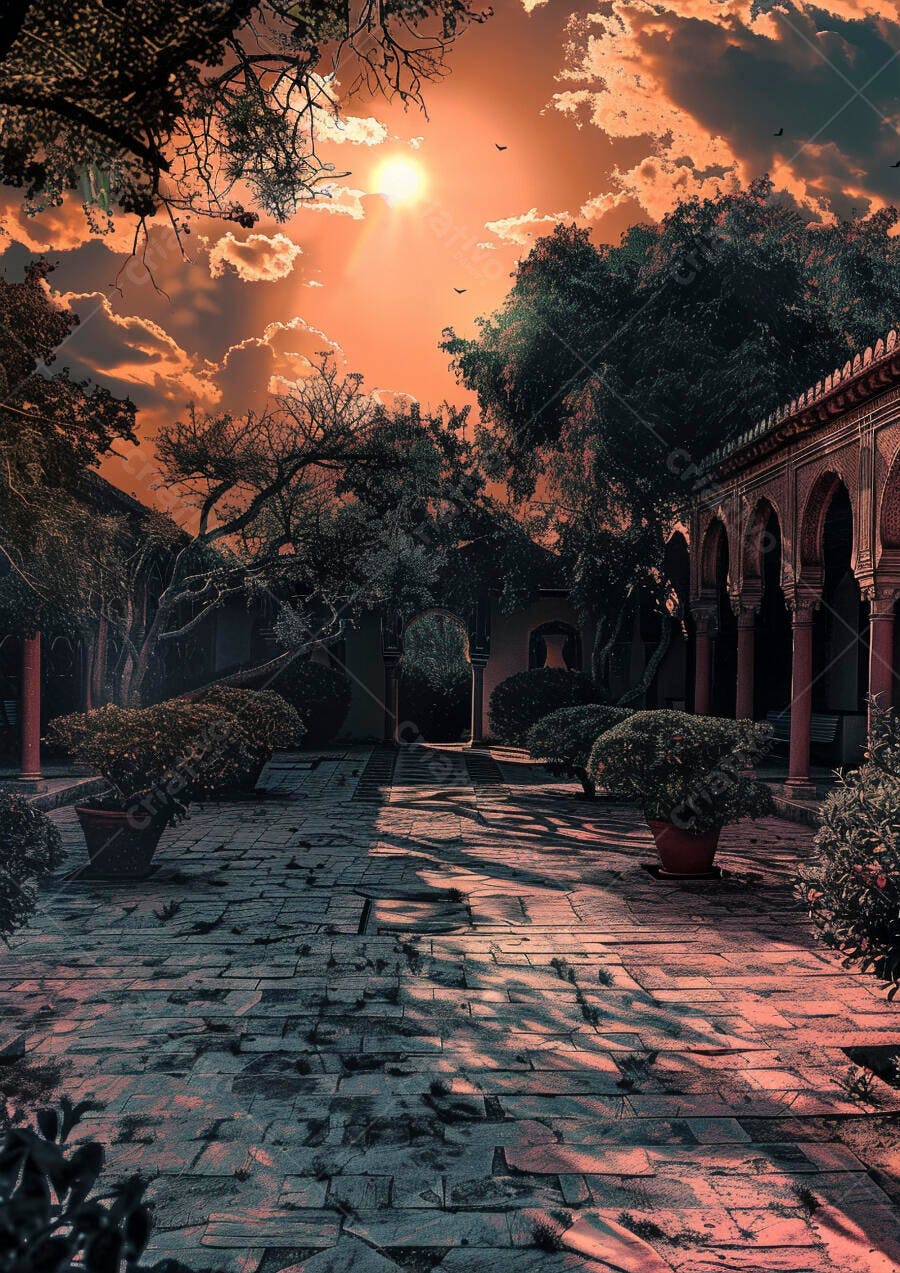 Pátio mourisco antigo com árvores e arcos ao pôr do sol laranja