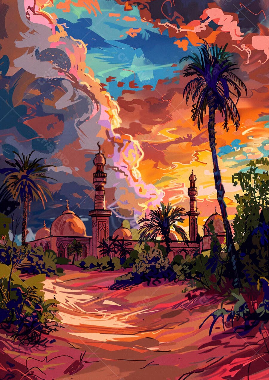 Mesquita com minaretes sob céu laranja e rosa ao pôr do sol em paisagem desértica
