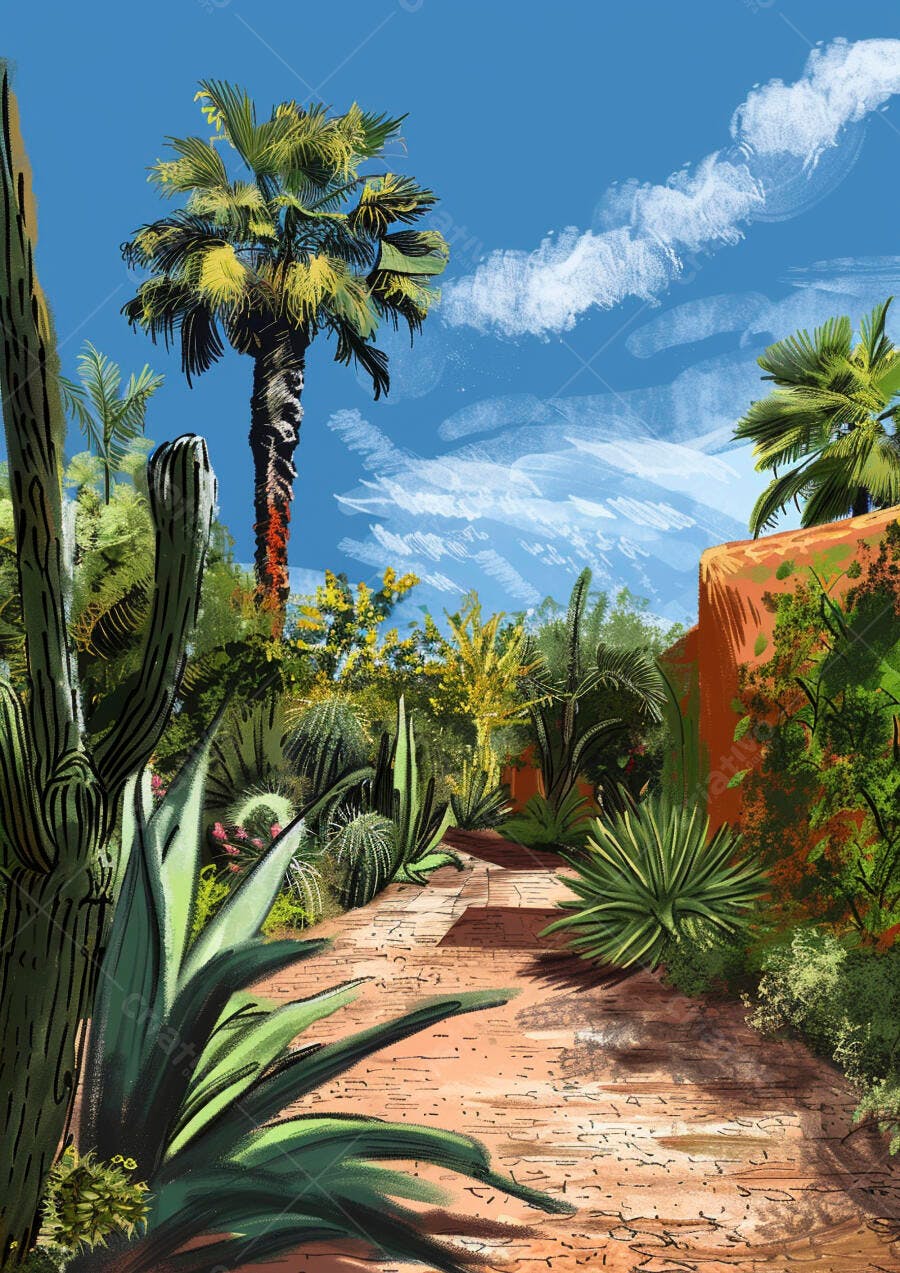 Caminho de jardim desértico com cactos e palmeiras sob céu azul