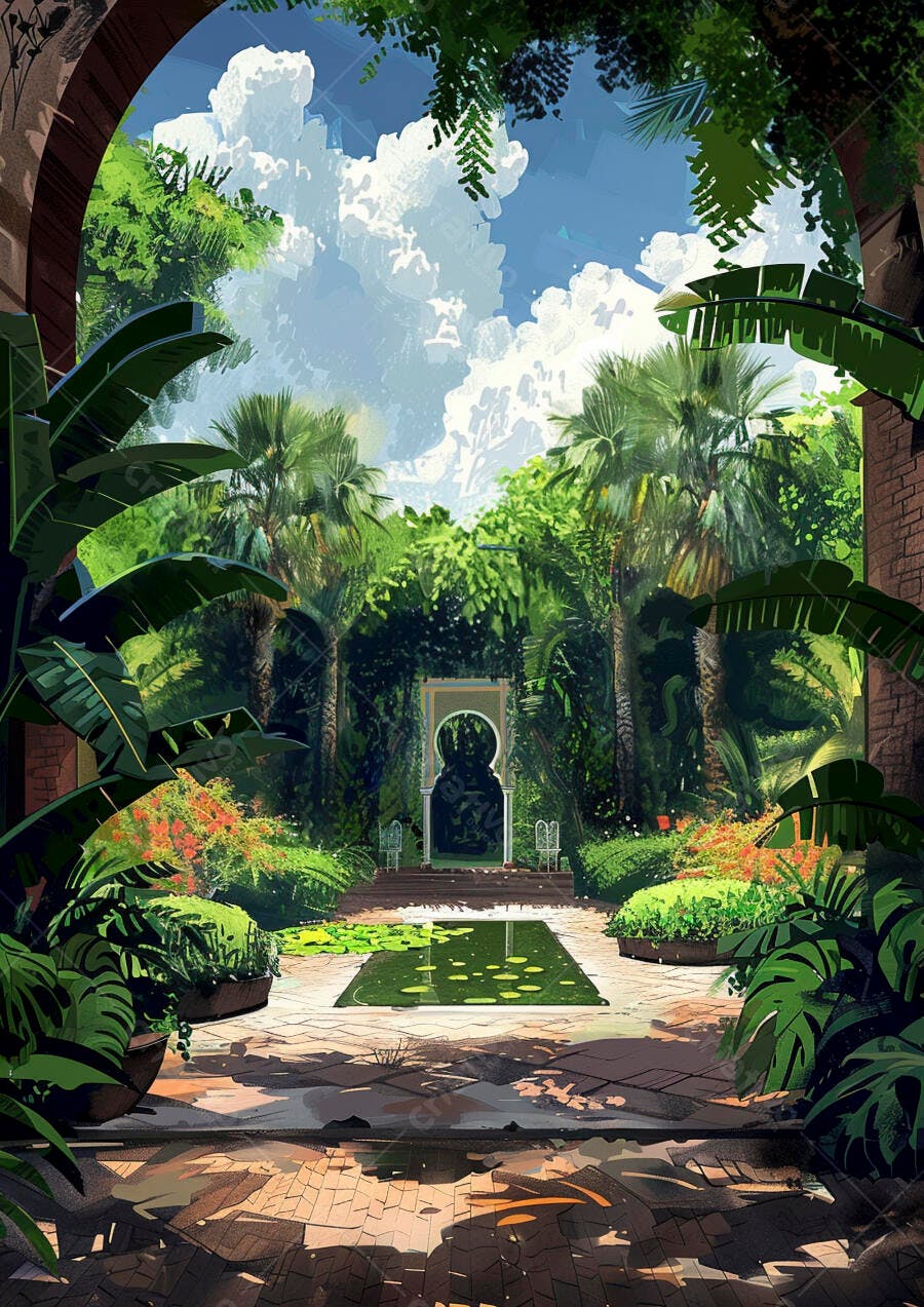Jardim oriental exuberante com lago e arco mourisco sob céu azul