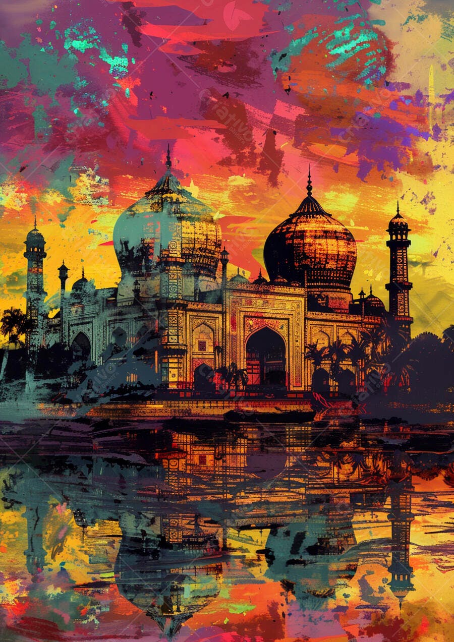 Taj Mahal com céu vibrante e reflexo artístico em pintura digital