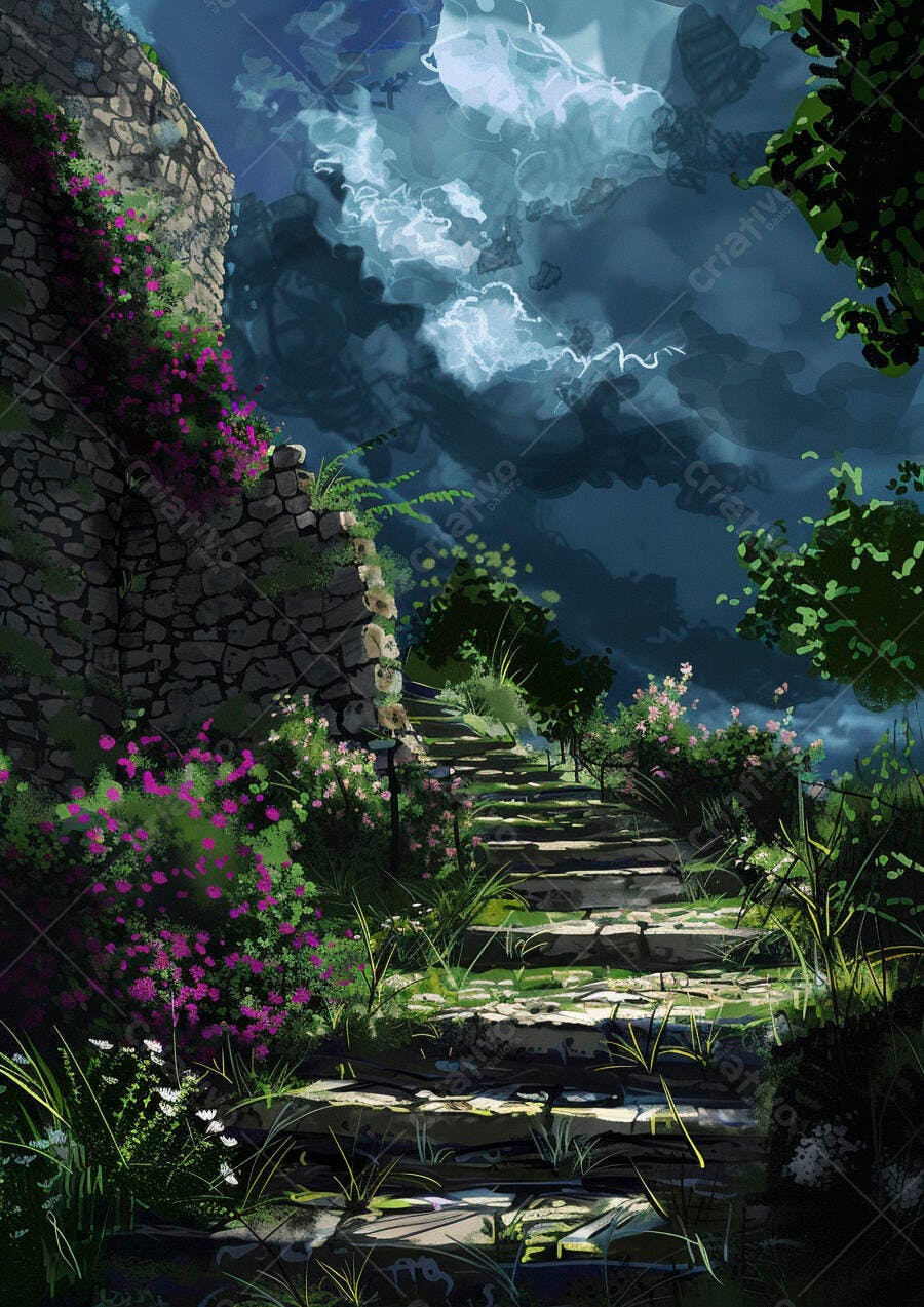 Escadaria de pedra antiga com flores roxas sob céu tempestuoso e relâmpagos