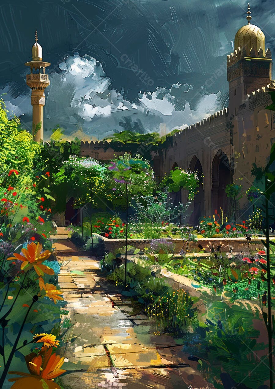 Jardim oriental com minarete dourado e caminho de pedra sob céu dramático