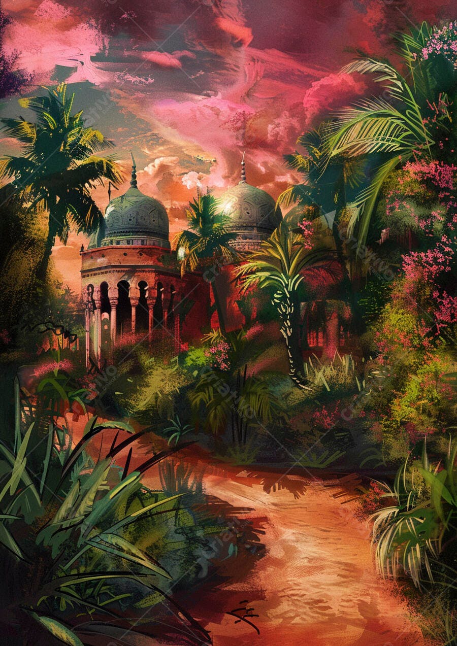 Templo exótico com cúpulas em selva tropical sob céu rosa ao entardecer