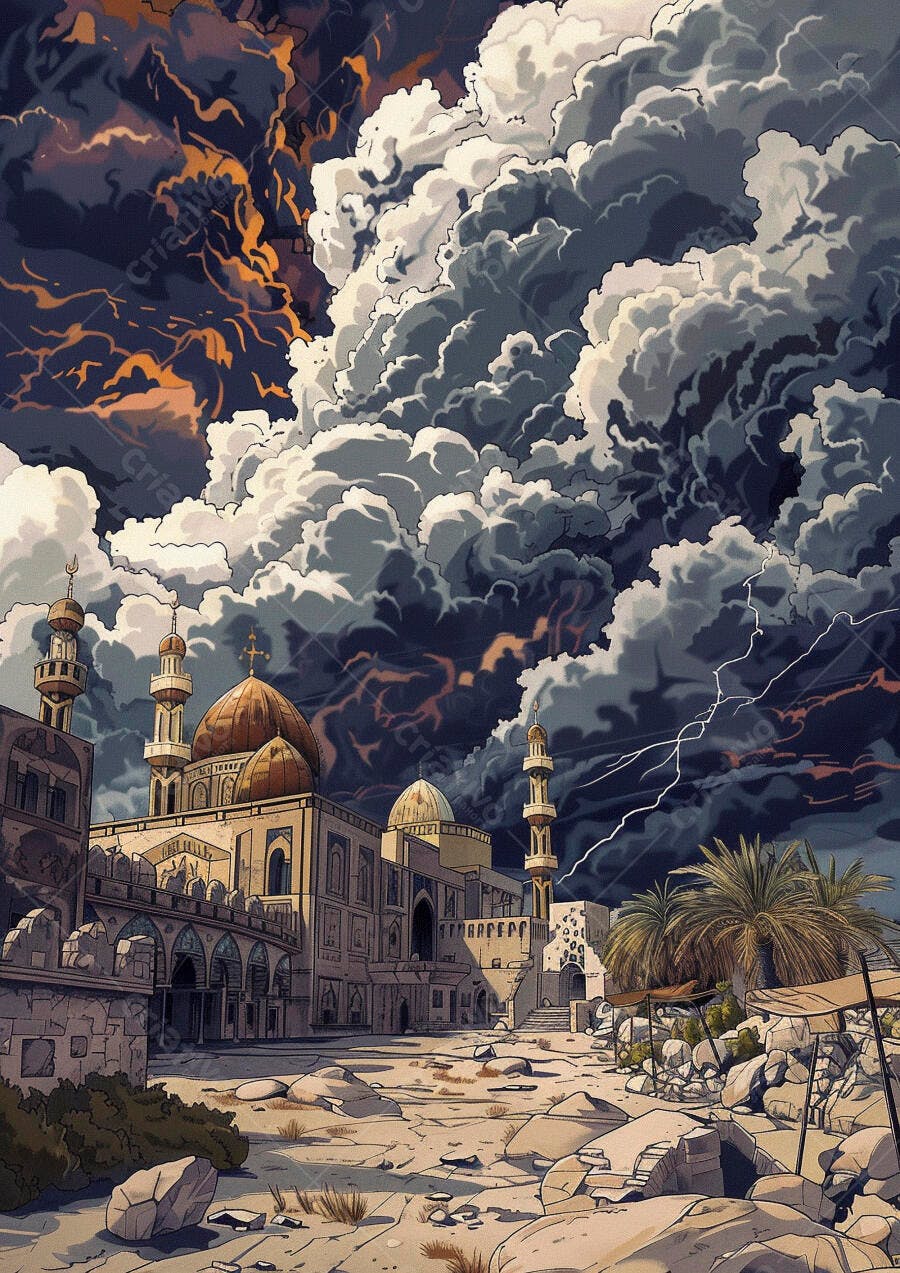 Mesquita dourada e minaretes em cidade árabe sob céu tempestuoso com relâmpagos