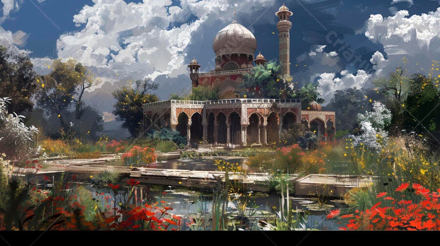 Templo indiano antigo com cúpula e minarete em jardim florido e lago sob céu nublado