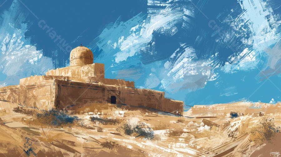 Edifício antigo em tons terrosos no deserto sob céu azul vibrante ilustração