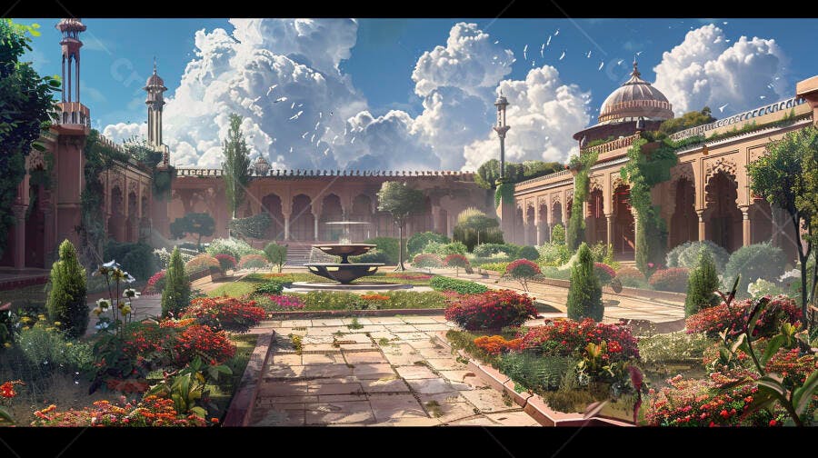 Jardim exuberante com arquitetura indiana fonte central e céu azul claro