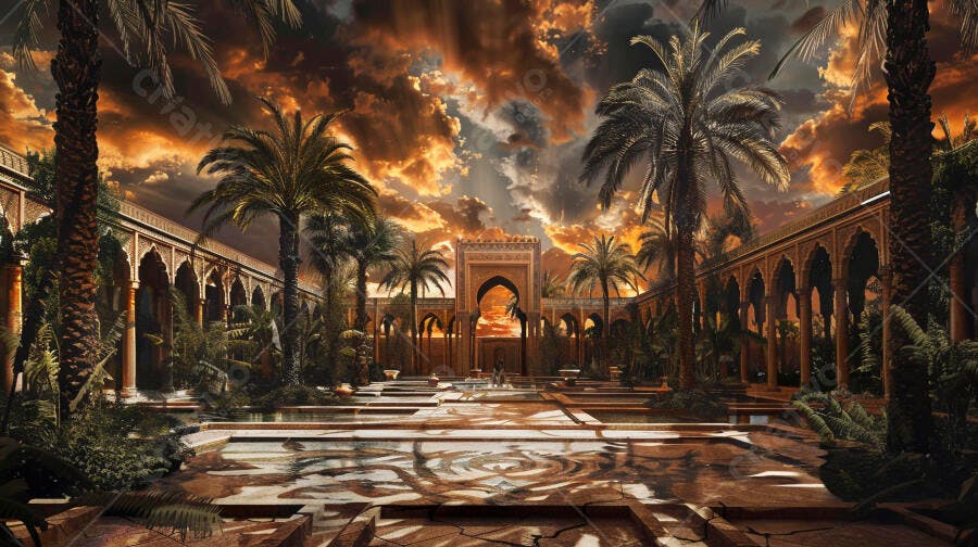 Palácio árabe jardim exuberante pôr do sol dourado e dramático